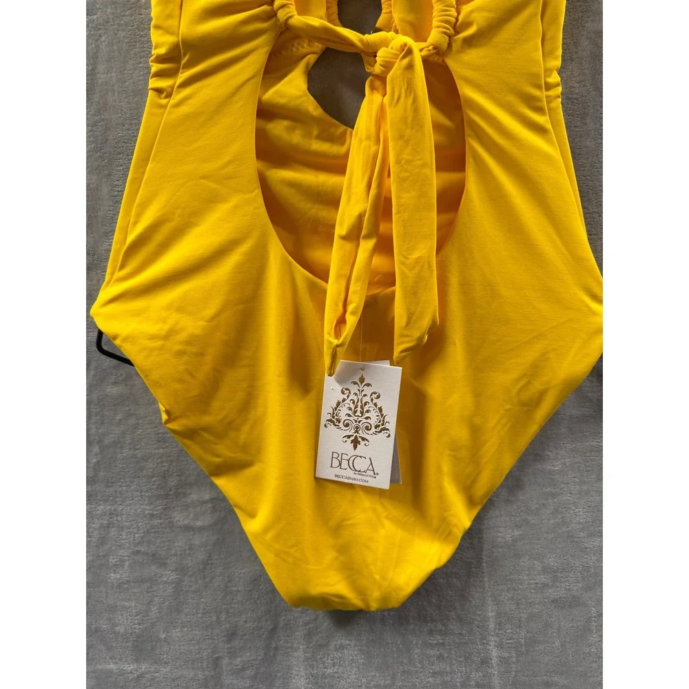 Becca Yellow Beaded Ring One Piece Swimsuit Plunge V-Neck Cross Back Cutout  L